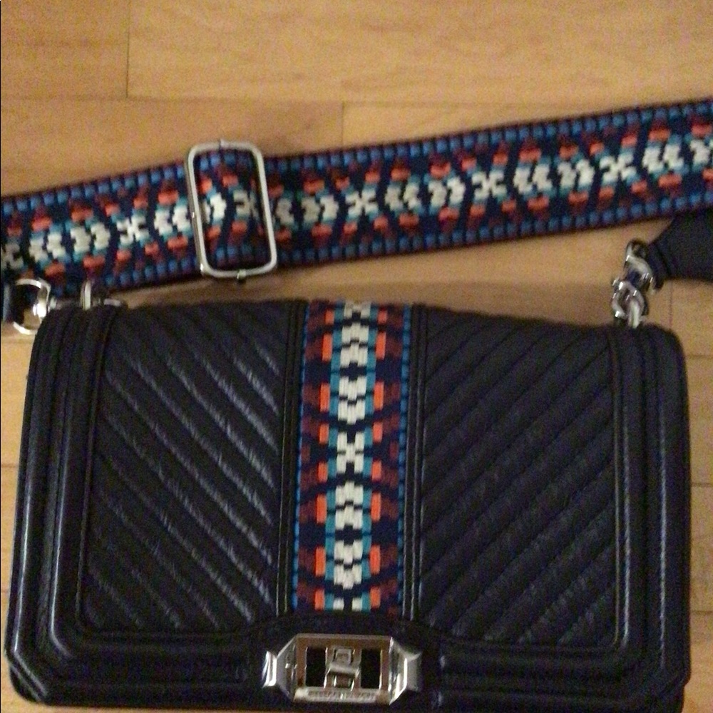 Rebecca Minkoff cross body bag w/ colorful strap EUC navy blue.